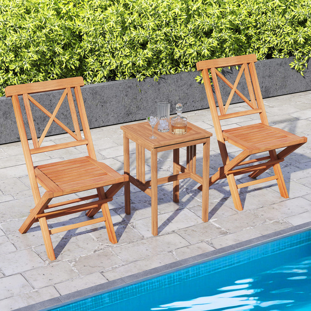 Teak wood folding patio chairs set of 2 with sturdy frame and comfortable back, ideal for poolside or garden use.