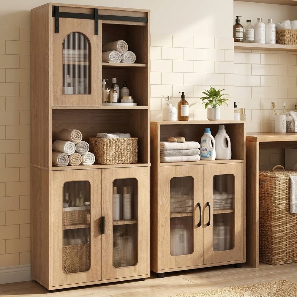 Bathroom Cabinet Set with 59 Inch Tall Cabinet and 2-Door Floor Cabinet-Natural - Gallery View 1 of 11