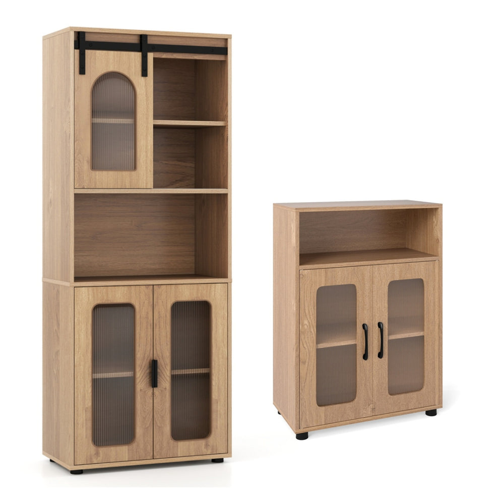 Bathroom cabinet set featuring a 59-inch tall cabinet and a 2-door floor cabinet with adjustable shelves and farmhouse charm.