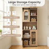 Tall bathroom cabinet set featuring a sliding barn door, adjustable shelves, and natural finish for versatile storage solutions.