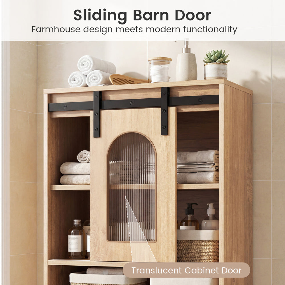 Bathroom cabinet set featuring a sliding barn door with a translucent panel, ideal for versatile storage and farmhouse style.