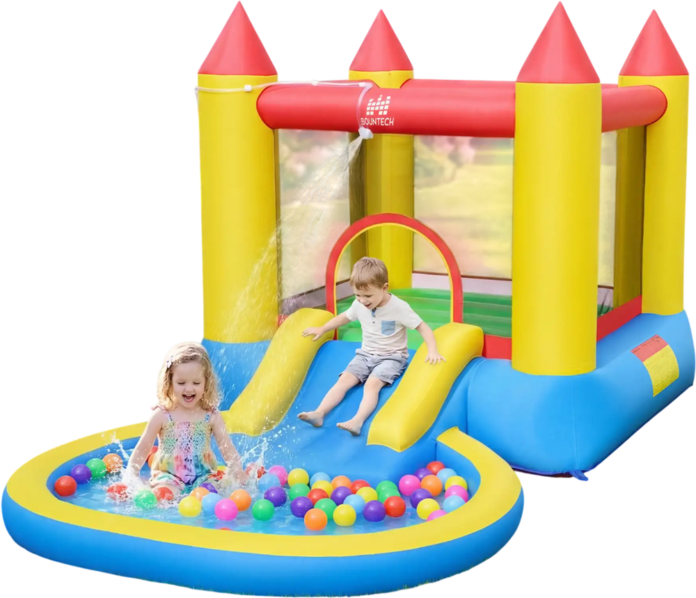 Kids Water Park features a colorful splash pool and water slide, designed for safe and imaginative outdoor play.