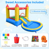 Brightly colored kids water park bounce house with slide, splash pool, and 380W blower for endless outdoor fun.