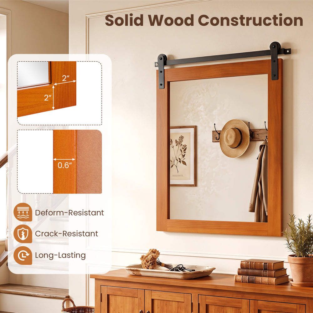 Rectangle farmhouse wall mirror with a pine wood frame and metal bracket, ideal for bathroom or hallway decor.