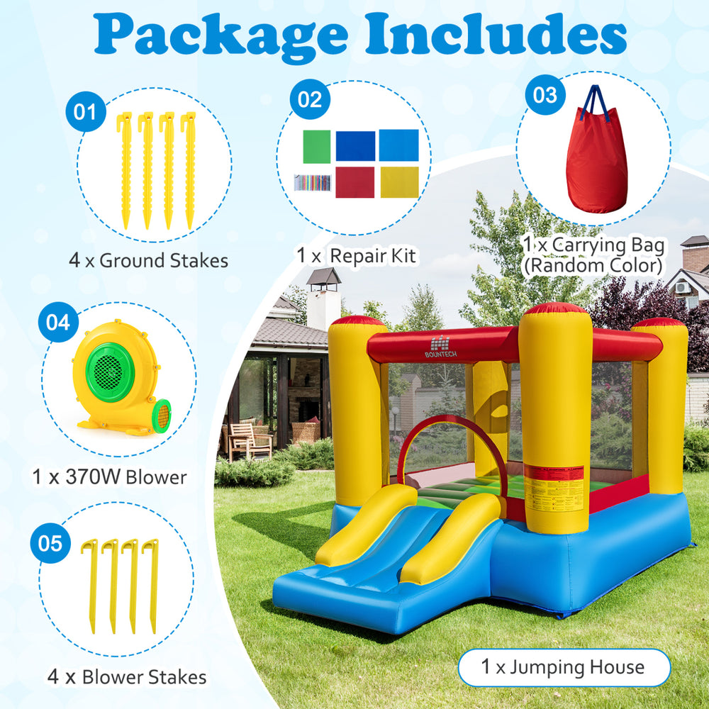 Inflatable bounce house with basketball rim, smooth slide, and 370W blower, perfect for kids aged 3-12 for outdoor fun.