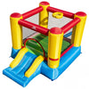 Inflatable bounce house with a round entrance, elevated handrails, and durable mesh walls for safe jumping fun.