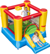 Brightly colored inflatable bounce house with basketball rim and slide, designed for kids aged 3-12 for outdoor fun.