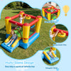 Inflatable bounce house featuring a jumping area, basketball rim, and smooth slide for kids aged 3-12.