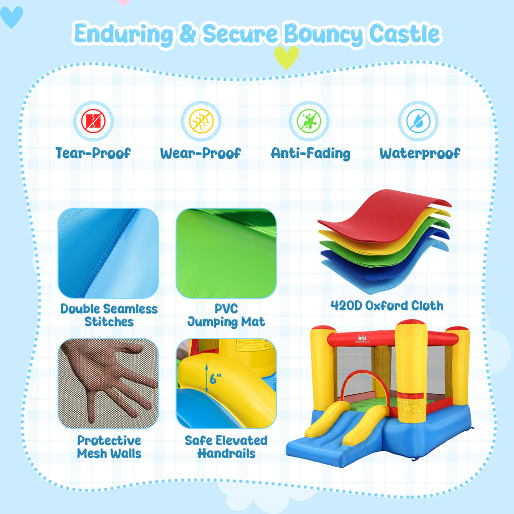 Inflatable bounce house with basketball rim, made of 420D oxford cloth, designed for safe indoor and outdoor fun.