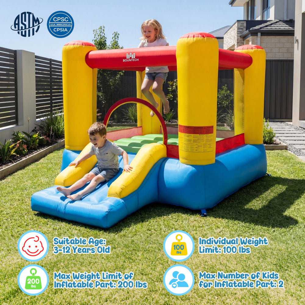 Inflatable bounce house with basketball rim and slide, made of durable 420D oxford cloth, for kids aged 3-12.