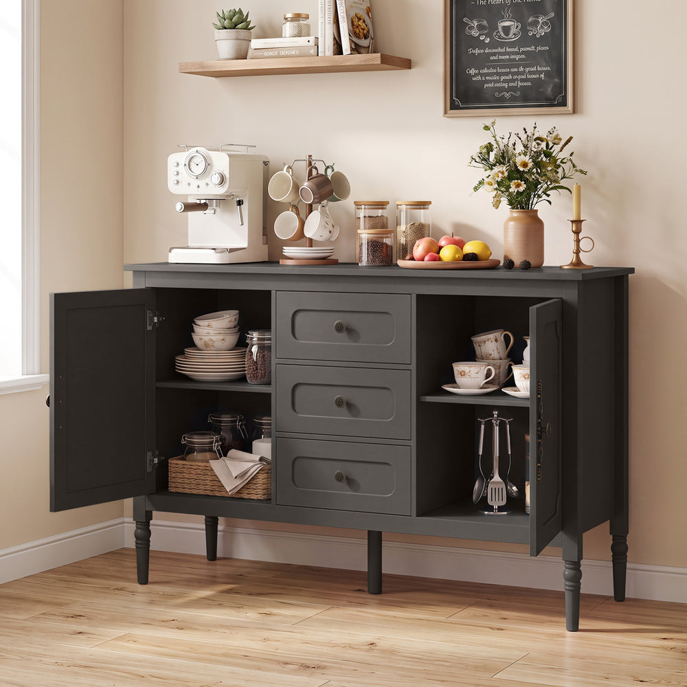 Vintage buffet cabinet in brown showcases a spacious tabletop, perfect for displaying decor and organizing dining essentials.