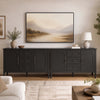 Vintage buffet cabinet in brown featuring 3 drawers, 2 cabinets, and adjustable shelves for organized dining room storage.