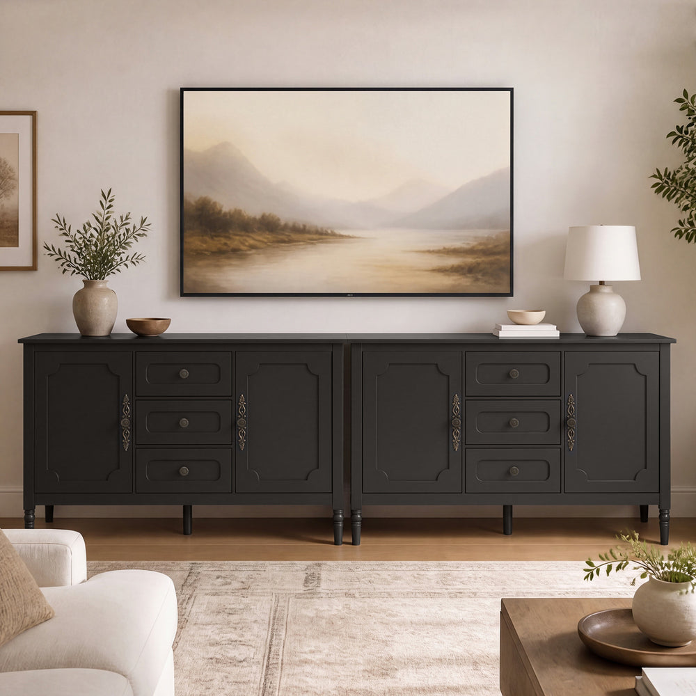 Vintage buffet cabinet in brown featuring 3 drawers, 2 cabinets, and adjustable shelves for organized dining room storage.