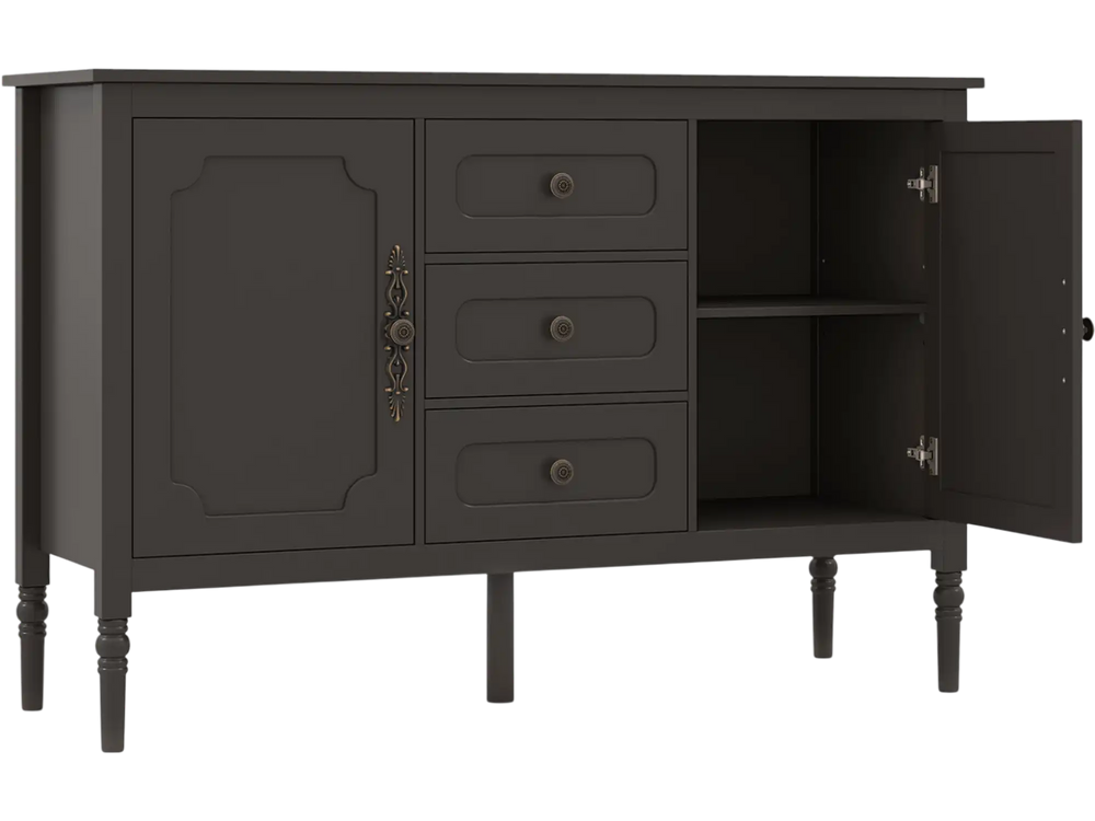 Vintage 47" brown buffet cabinet featuring 3 drawers, 2 cabinets, and adjustable shelves for dining room organization.