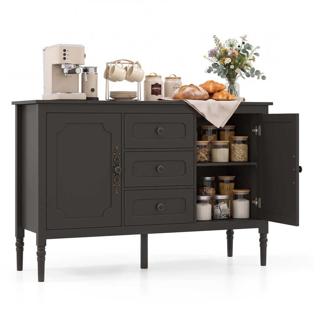 Vintage 47" buffet cabinet in brown with 3 drawers, 2 cabinets, and adjustable shelves for organized dining room storage.