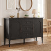 Vintage buffet cabinet in brown with 3 drawers and 2 cabinets, perfect for organizing dining room essentials.