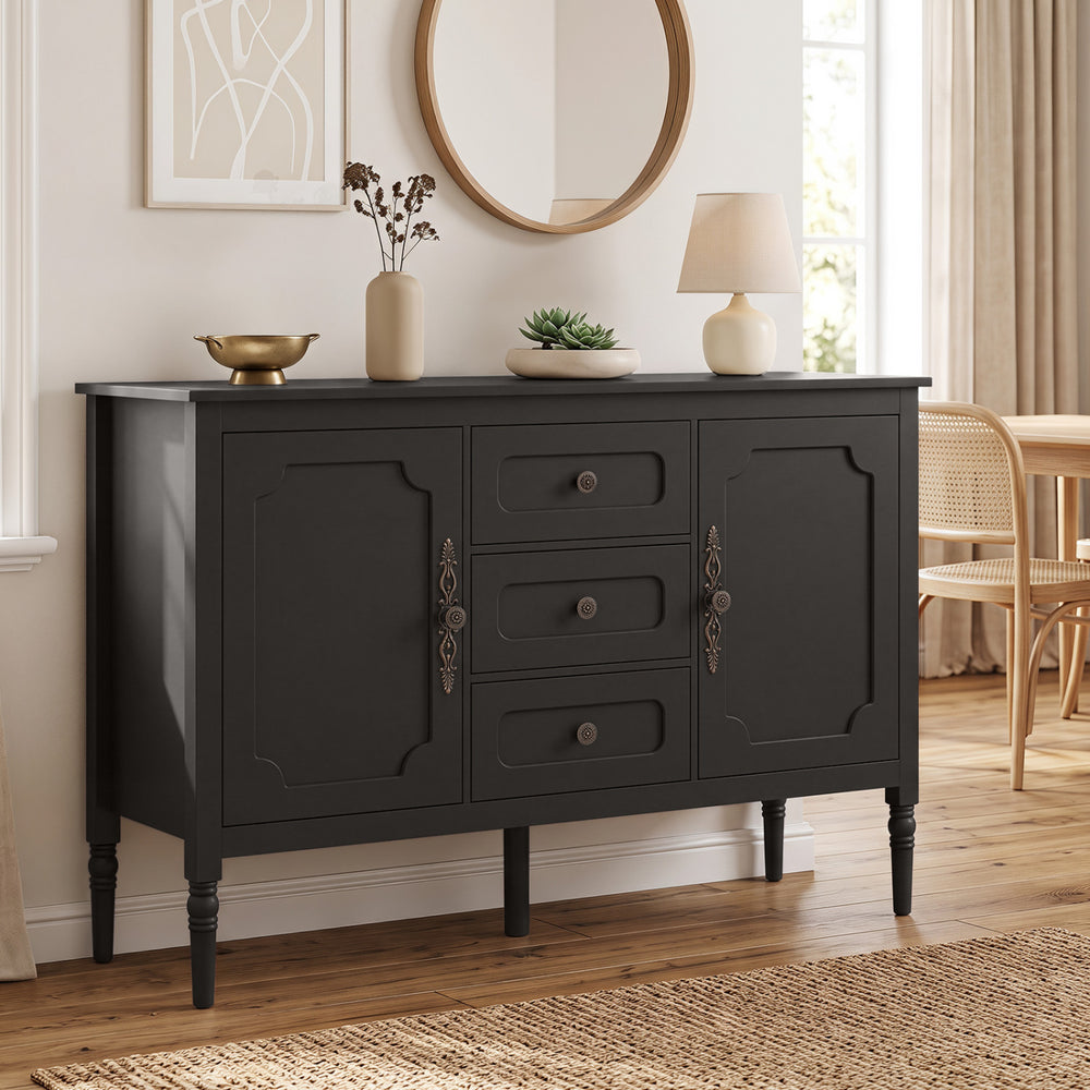 Vintage buffet cabinet in brown with 3 drawers and 2 cabinets, perfect for organizing dining room essentials.