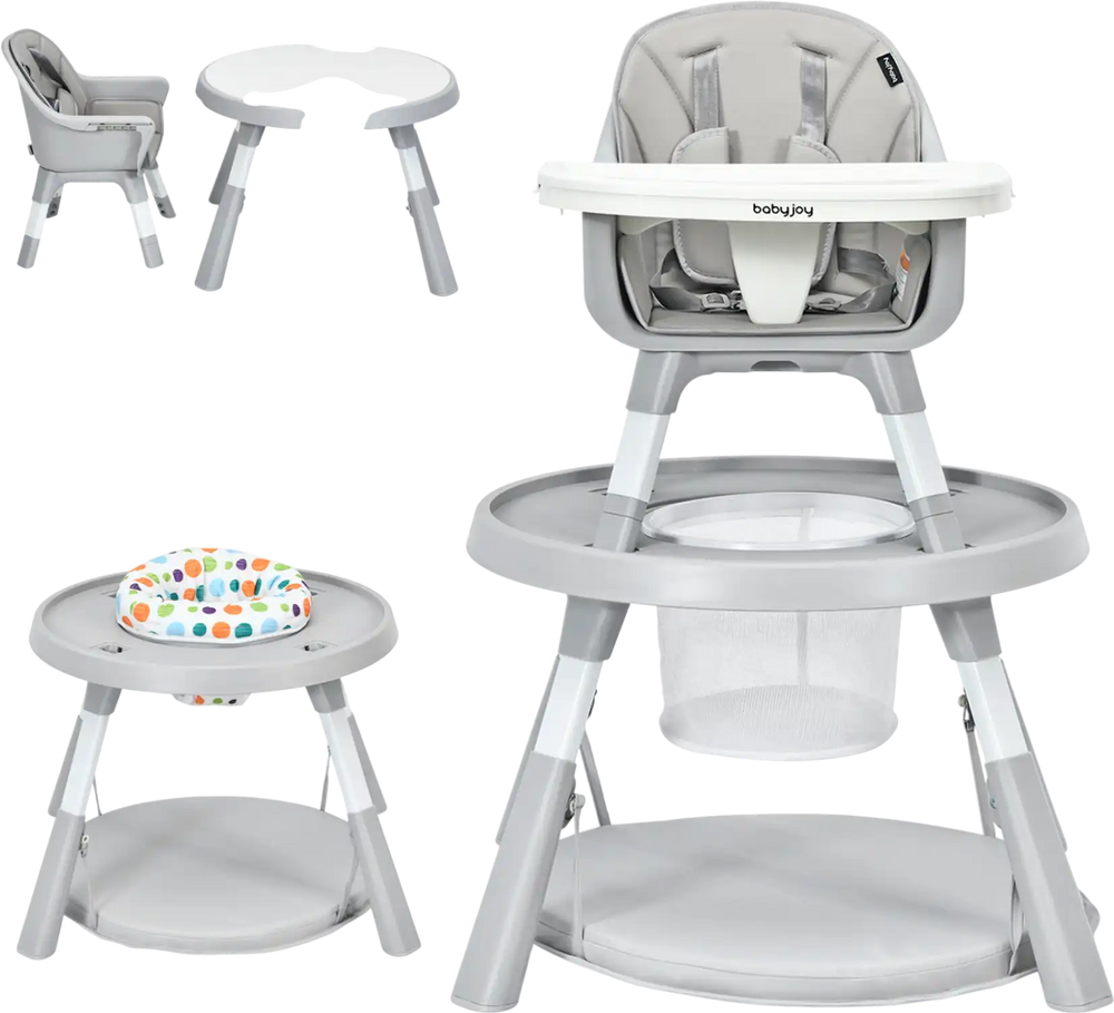 5-in-1 baby highchair in gray features adjustable height, 2-tier tray storage, and a detachable activity center for toddlers.