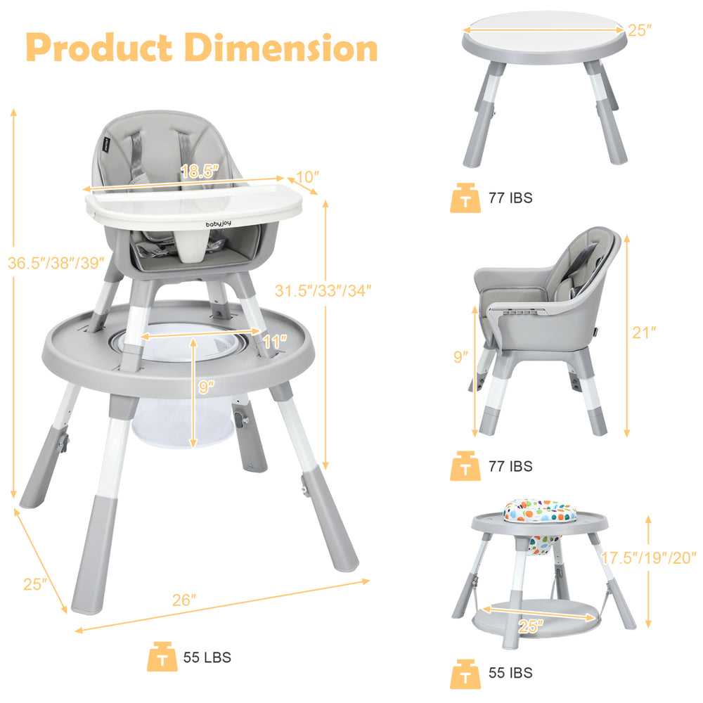 5-in-1 baby highchair in gray with adjustable height, 2-tier tray storage basket, and 5-point harness for safety.