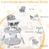 5-in-1 baby highchair in gray features height adjustment, 2-tier tray storage, and a convertible design for various needs.