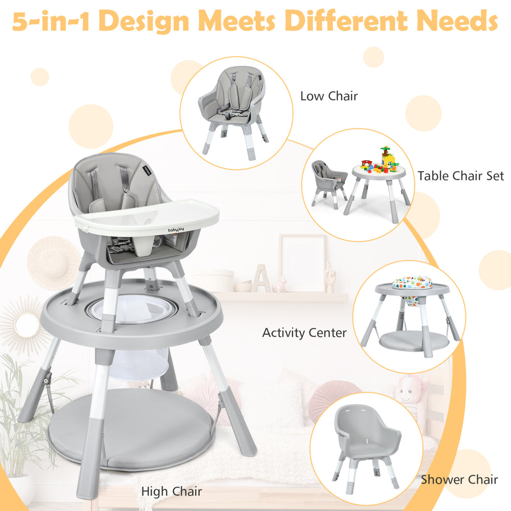 5-in-1 baby highchair in gray features height adjustment, 2-tier tray storage, and a convertible design for various needs.