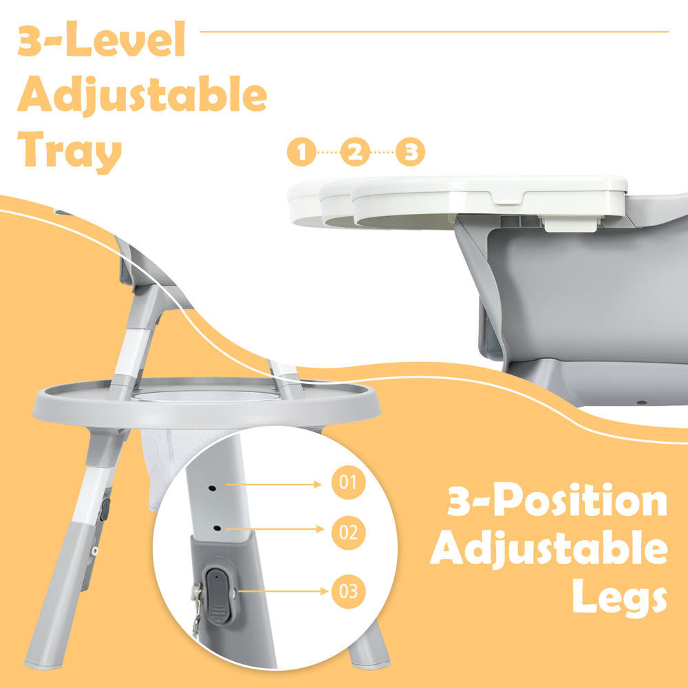 Side view of the 5-in-1 baby highchair featuring a 3-position adjustable tray and height-adjustable legs for versatile use.