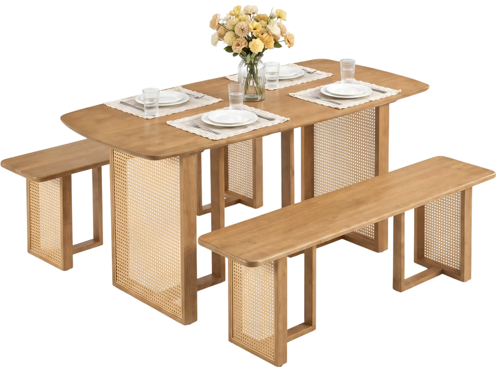 Boho-style 55” solid rubber wood dining table set with 2 benches, perfect for seating 4 people for meals.