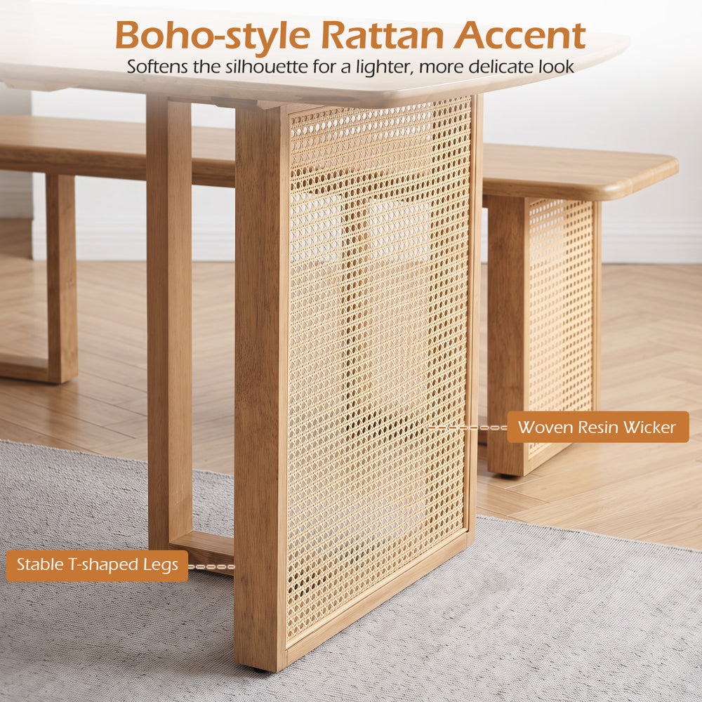 Boho-style rattan accent on the 55” solid rubber wood dining table set with stable T-shaped legs for stylish support.