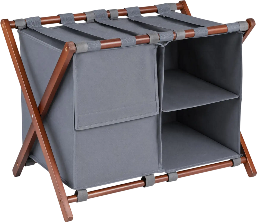 Bamboo luggage rack with grey compartments, featuring five nylon straps and two open shelves for guest room storage.