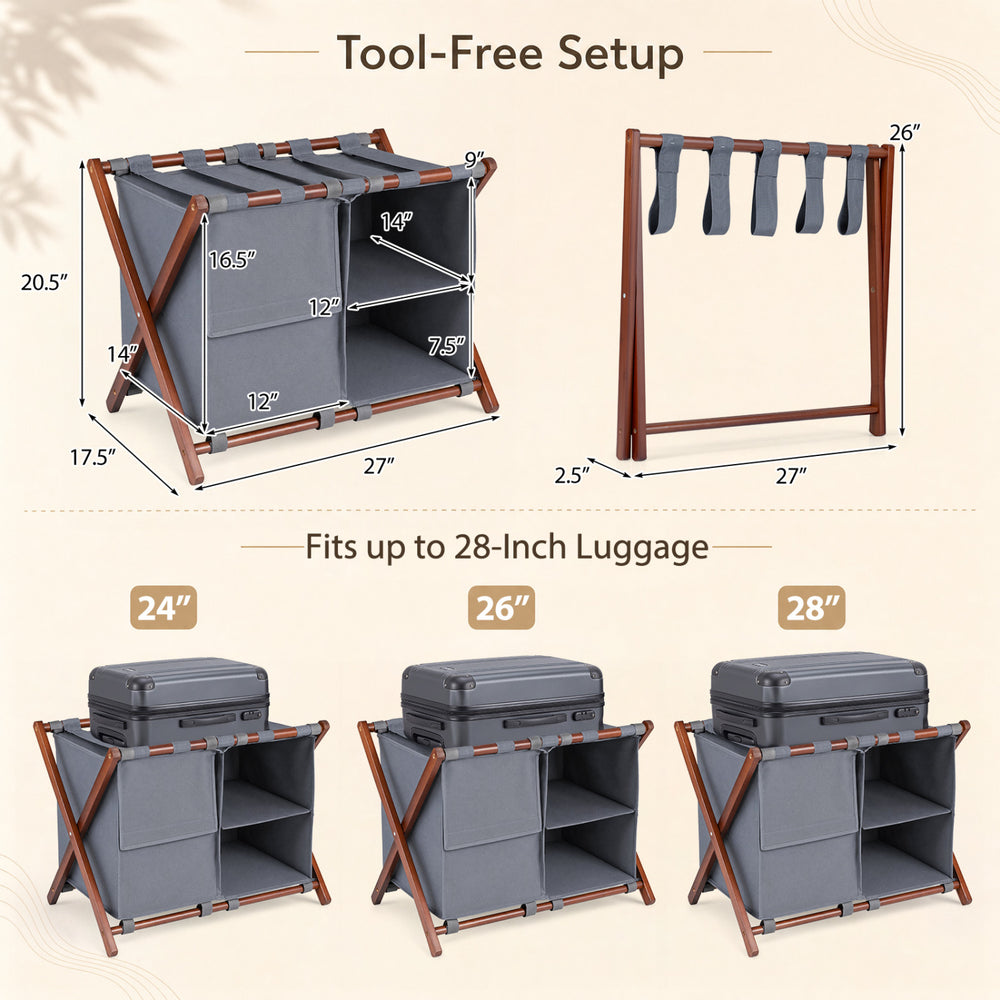 Bamboo luggage rack with five nylon straps and compartments, designed for guest rooms, supports up to 28-inch luggage.