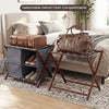 Bamboo luggage rack with grey oxford cloth compartments, featuring 5 nylon straps for holding suitcases and easy access.