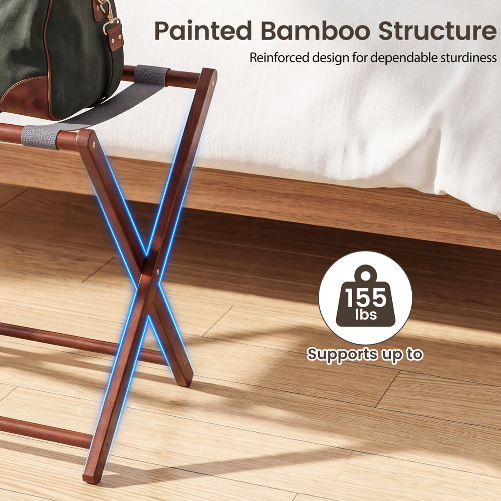 Bamboo luggage rack with 5 nylon straps, supporting up to 155 lbs, ideal for guest rooms and hotel use.