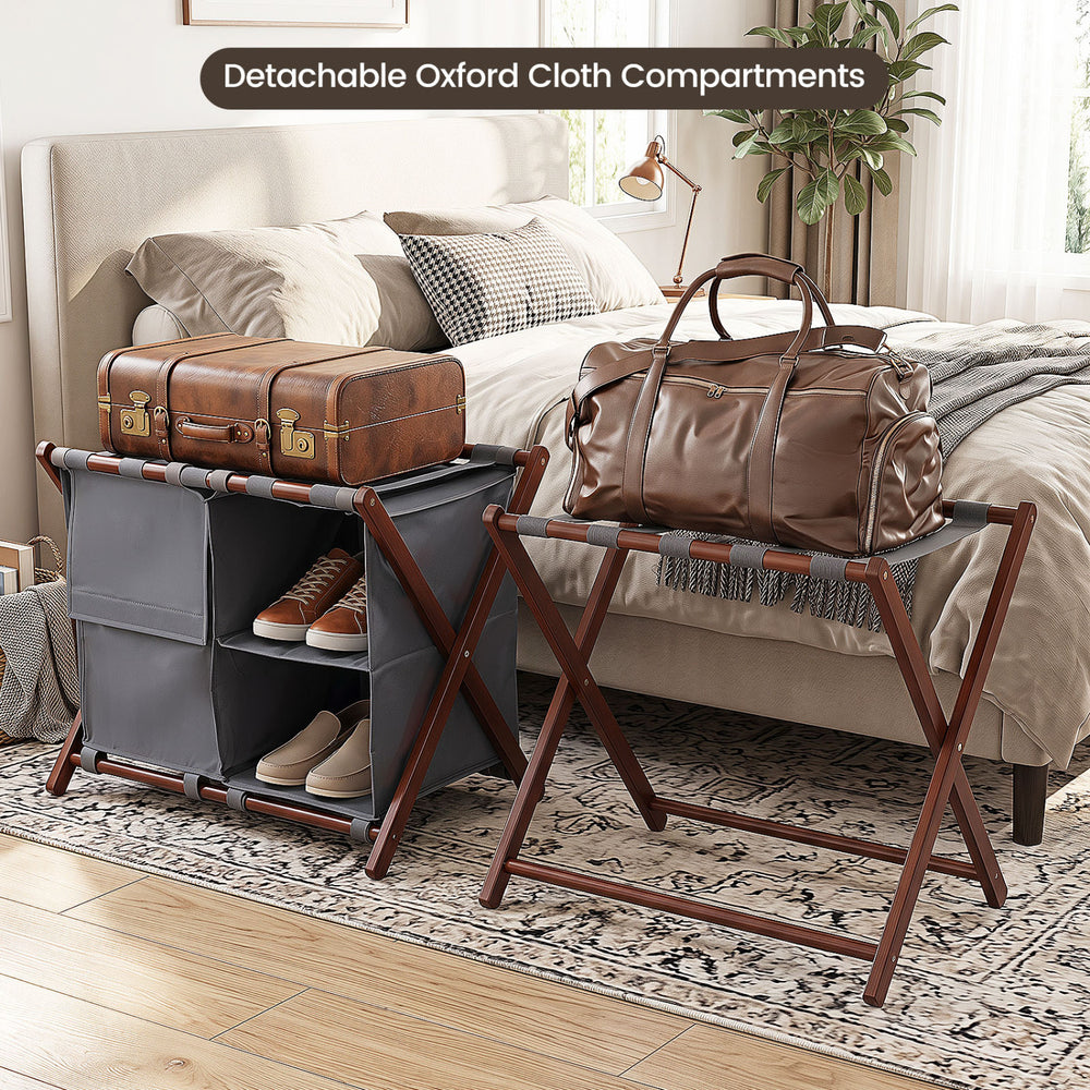 Bamboo luggage rack set of 2 features gray oxford cloth compartments and nylon straps for convenient suitcase storage.