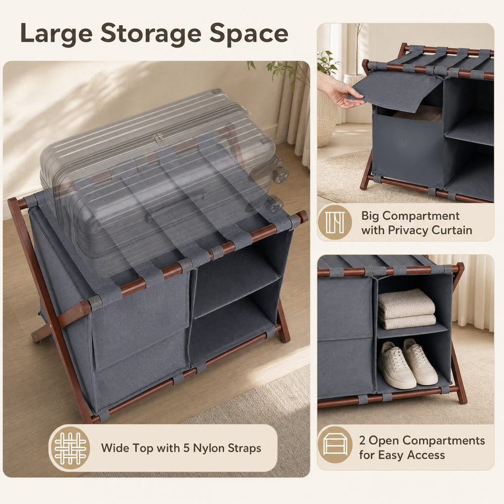 Bamboo luggage rack with 5 nylon straps, large storage space, and compartments for easy access and organization.