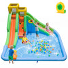 Inflatable water slide with vibrant colors, featuring a water cannon and basketball hoop for engaging summer backyard fun.