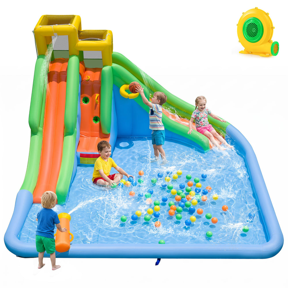 Inflatable water slide with vibrant colors, featuring a water cannon and basketball hoop for engaging summer backyard fun.
