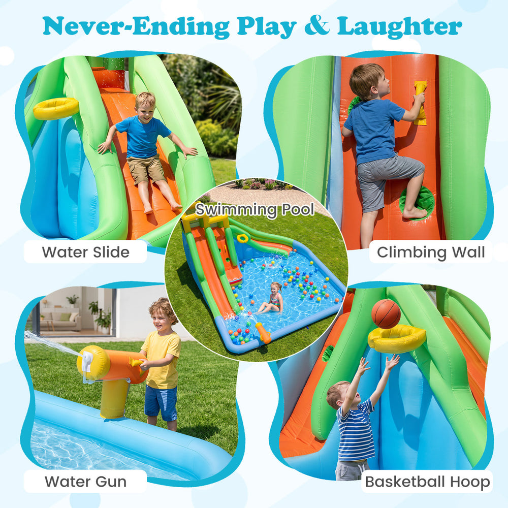 Inflatable water slide features double slides, a climbing wall, and a splash pool for backyard fun and active play.