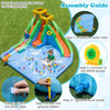 Assembly steps for the inflatable water slide, illustrating connection to the blower and securing with ground stakes for stability.