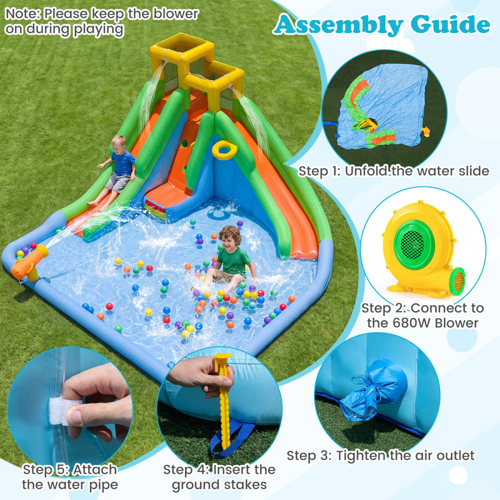 Assembly steps for the inflatable water slide, illustrating connection to the blower and securing with ground stakes for stability.