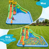 Inflatable water slide for kids featuring double slides, splash pool, and basketball hoop for backyard fun.