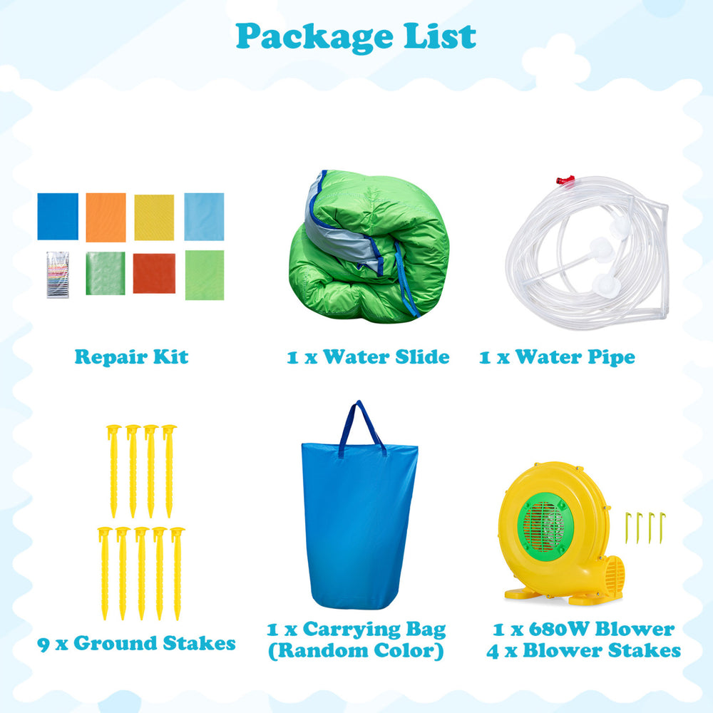 Carrying bag for inflatable water slide set, includes 9 ground stakes and a repair kit for outdoor fun.