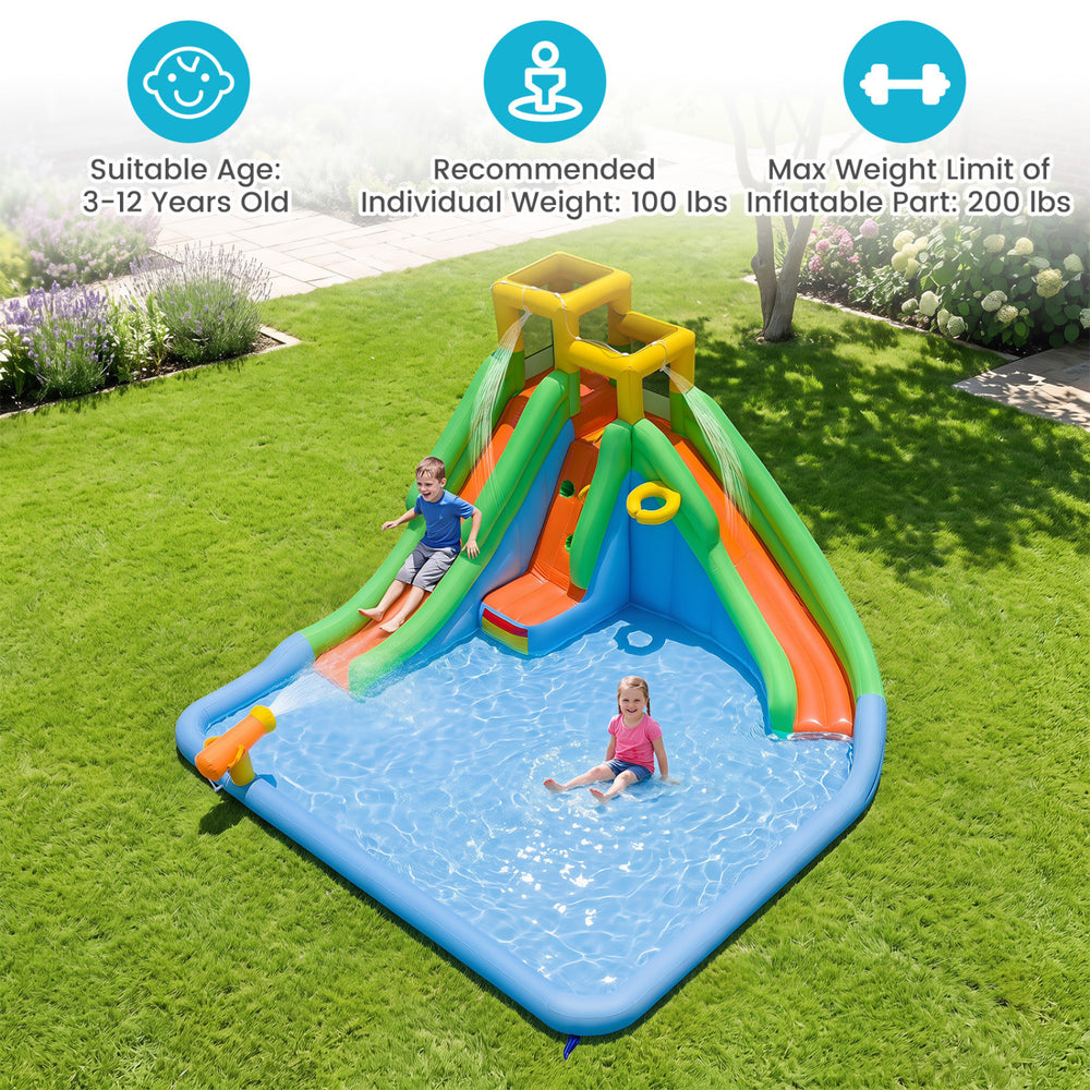 Brightly colored inflatable water slide with double slides, climbing wall, and water gun for exciting summer backyard play.