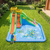 Inflatable water slide for kids featuring double slides, splash pool, water cannon, and basketball hoop for backyard fun.