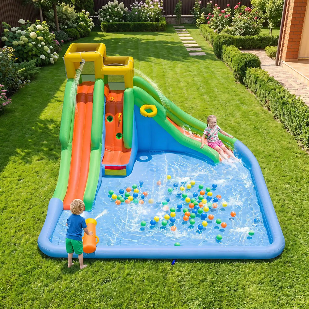 Inflatable water slide for kids featuring double slides, splash pool, water cannon, and basketball hoop for backyard fun.