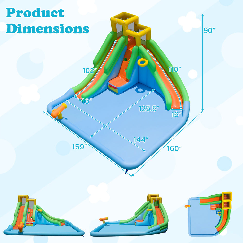 Inflatable water slide with double slides, splash pool, and climbing wall for backyard fun, made from tear-resistant Oxford fabric.