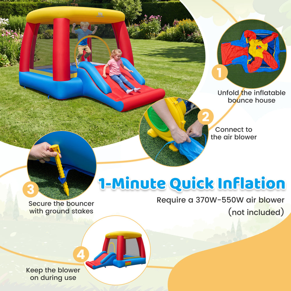 Inflatable bounce house for toddlers featuring a slide, basketball hoop, and durable 420D Oxford fabric for outdoor fun.