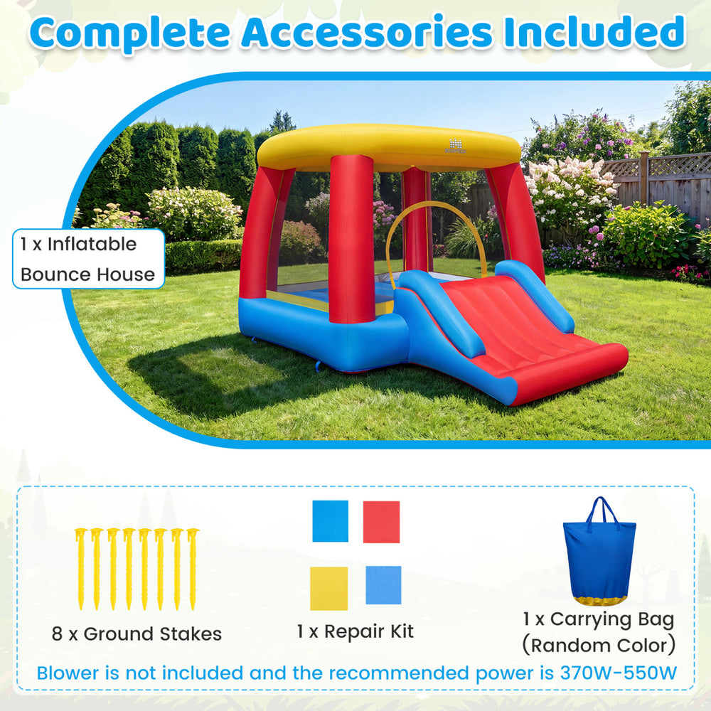 Inflatable bounce house for toddlers featuring a slide, basketball hoop, and 420D Oxford fabric for outdoor fun.