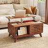 Lift top coffee table in brown with hidden compartment, sliding doors, and tapered legs for stylish living room storage.