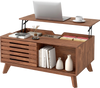 Lift top coffee table in brown with hidden storage, sliding doors, and tapered legs, perfect for living rooms or home offices.