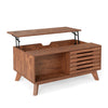 Lift top coffee table in brown with hidden storage, sliding doors, and tapered legs for stylish living room organization.